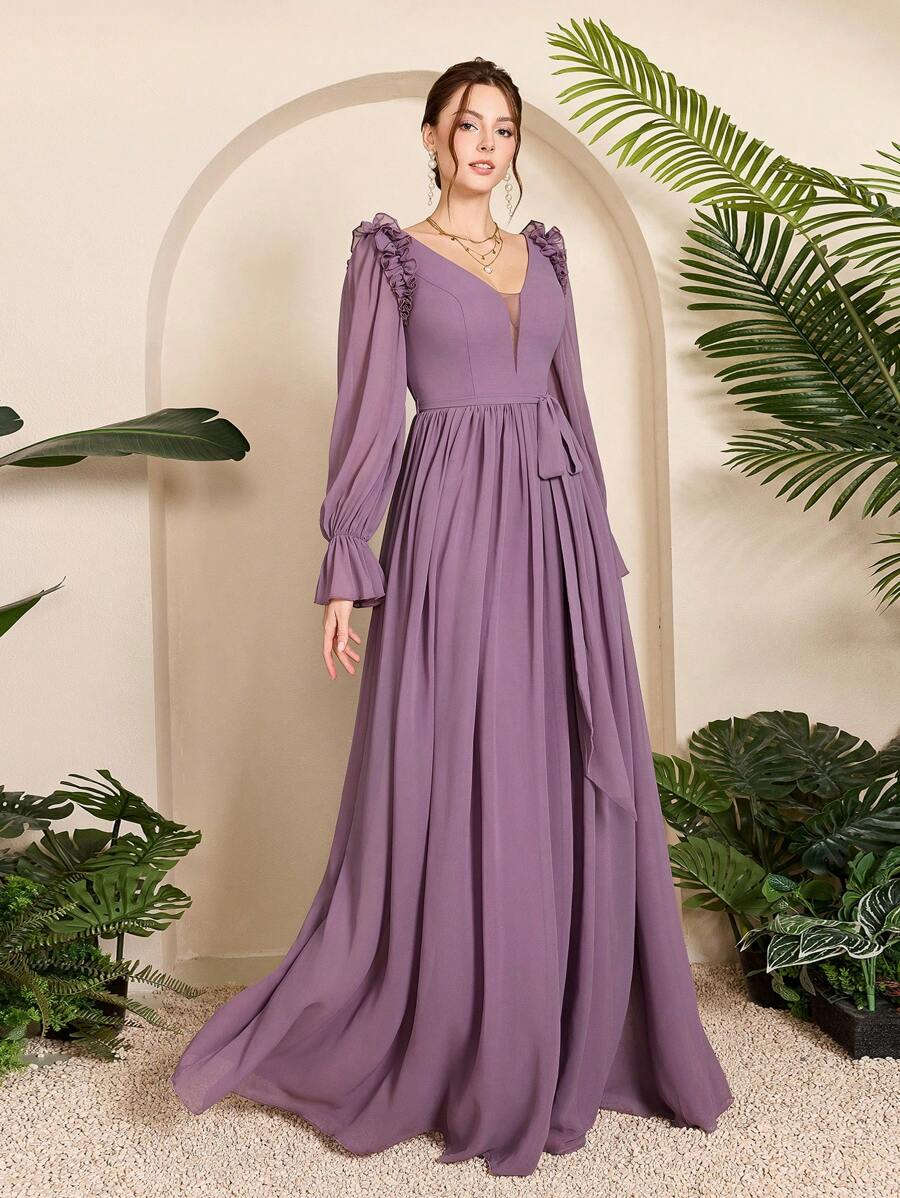 Women's Ruffled Chiffon Lantern Sleeve Maxi Dress