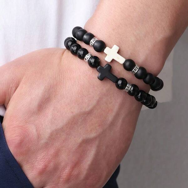 Pulseira masculina de contas cruzadas com 2 peças
