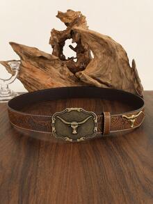 1 件男女通用复古西部牛仔动物扣压花 PU 皮带，时尚百搭，适合牛仔裤、裙子和全年穿着 - 鏽棕色 - 查看 3