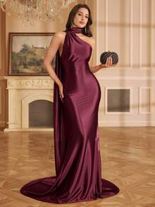 MUXXN Elegant Asymmetrical Neck Fishtail Floor-Length Formal Gown For Wedding Guest, Graduation Ceremony, Gala Dinner, Party Dress, For Evening - Burgundy - View 5