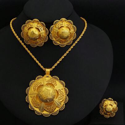迪拜风格女士奢华珠宝套装，花形吊坠、戒指、星星图案耳环，传统非洲新娘婚礼配饰礼物