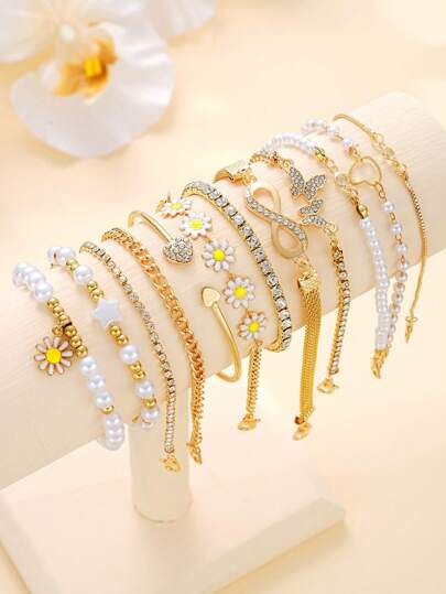8/12pcs Fashion Elegant Butterfly, Heart, Daisy, Rhinestone Sparkling Bling Bling Infinity 8 Charm Bracelet Set, Holiday, Party, Birthday Gift, Everyday Wear