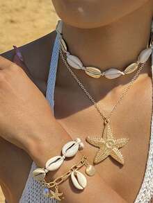 4 Pieces/Set Boho Style Hand-Woven Beaded Shell Starfish Bracelet Necklace Set - Multicolor - View 1