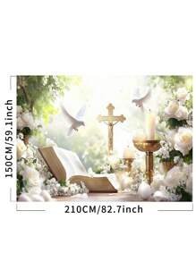 1 Stück florale Erste Heilige Kommunion Taufe Fotografie Hintergrund Gott segne weiße Blumen Friedenstauben goldenes Kreuz Partybanner 150 x 100 / 210 x 150 / 270 x 180 cm Hochzeit Babyparty Geburtstag Fotohintergrund für Innen- und Außenbereich Dekorationsbedarf