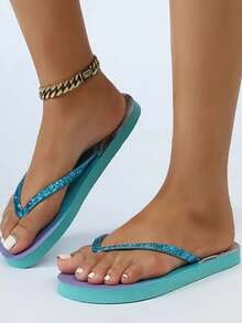 New Fashion Versatile Sequin Flash LOVE Letter Gradient Shoes Women's Flat Slippers ,Summer Sandals Shoes Candy Color Women's Flip Flops, Suitable For Beach Outdoor Travel Couple Flip Flops Slippers For Women's And Men's Shoes - View 2