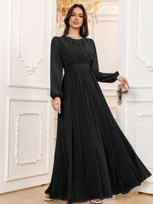 Volly Toych 黑色春季优雅A字圆领长袖及地雪纺正式伴娘礼服、婚礼宾客礼服、无衬里袖子 - 黑色 - 查看 7