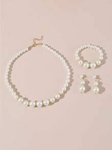 Juego de 4 piezas con collar, brazalete y aretes con cuentas de perlas falsas, collar elegante con cuentas, accesorio elegante, regalo de fiesta de vacaciones gracioso para niñas