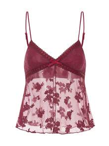 Women's Y2K Cami Tops Sleeveless Deep V Neck Floral Embroidery Mesh Camisole Spaghetti Strap Lace Trim Tank Tops Summer Casual Going Out Tops Streetwear - 酒紅色 - 查看 6