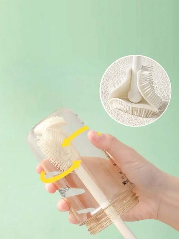 1pc Long Handle Silicone Cup Brush - Foldable No-Blind Spot Cleaning Tool, Suitable For Bottles Home Use, White Bristles, Compact Design For Easy Storage, Bottle Brush