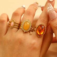 Multi-Piece Set Of Elegant 18K Gold Plated Stainless Steel Faux Gemstone Rings For Women, Fashion Jewelry Accessories, Luxury Party Wear, Vintage Middle Eastern Dubai Jewelry, Adjustable Rings