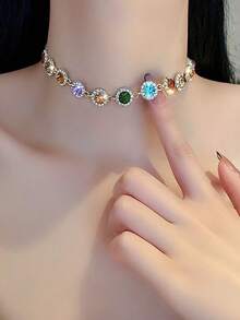 1pc Luxurious Multi-Crystal Zirconia Stone Necklace, Extravagant & Glamorous Dopamine Jewelry For Beach Party, Banquet, Prom, Random Gemstone Color - Colorful - View 2