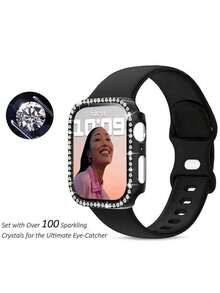 2条装女士经典柔软舒适可调节硅胶运动表带，带水钻装饰，二合一超薄钢化玻璃屏幕保护膜，兼容 38/40/41/42/44/45/46/49mm，适用于 Series Ultra/SE/11/10/9/8/7/6/5/4/3/2/1 - 黑色(無手錶) - 查看 5