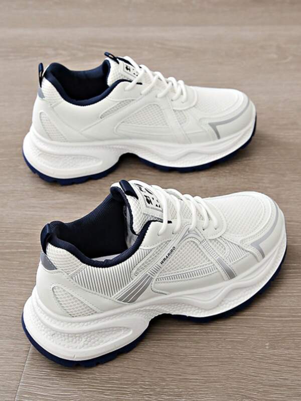 Women's Spring/Autumn New Sports Chunky Sneakers, Mesh Breathable Platform Chunky Sneakers, Casual Lace-Up Comfy Lightweight Fashion Trainers In White, Grey, White&Blue