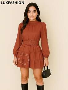 Duna Boho Chic Long Sleeve Ruffle Dress With Elegant Belt - Terracotta - View 1
