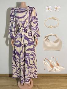 Women's All-Over Print Round Neck Lantern Sleeve Long Elegant Arabic Style Dress, Modest