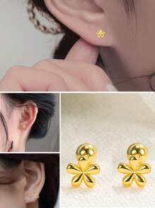 1 Pair Fashion Golden Screw Fastened Mini Flower Stud Earrings, Minimalist Design Suitable For Women's Daily Wear