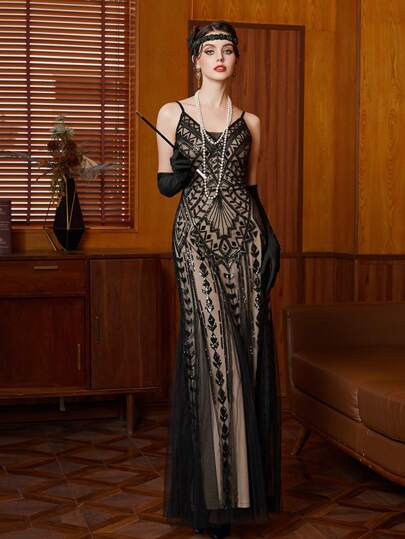 Elegante y clásico vestido vintage de los años 20 estilo flapper con tirantes finos, escote en V y lentejuelas para fiesta y eventos