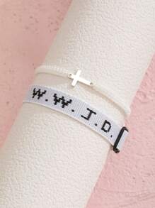 2pcs/Set Minimalist Stainless Steel Cross Bracelets & Wwjd Letter What Would Jesus Do Christian Jewelry Jacquard Knit Wristband Bracelet Set For Women For Party Jewelry