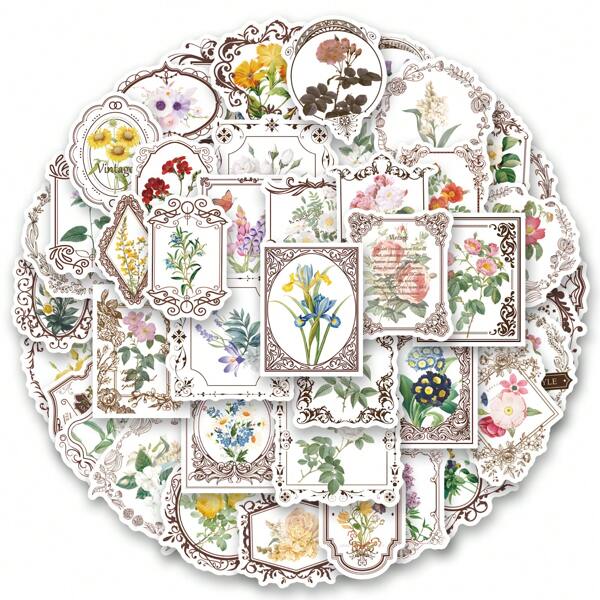 50PCS Garden Flowers Stickers Vinyl Aesthetics Stickers Scrapbooking, Diary, Bumper, Skateboard, Water Bottle, Cartoon, Hard Hat, Car Stickers And Decals
