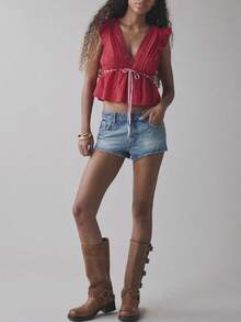 Women Summer Boho Tie Front Lace Trim Tank Tops Y2k Flowy Frilly Chiffon Vest Beach Button Ruffle Eyelet Tank Tops Light - 紅色 - 查看 4