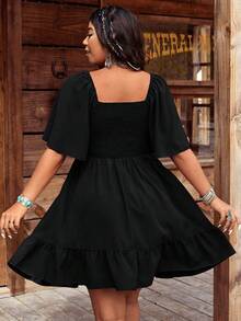 Boho Style Embroidered Square Collar Ruffle Sleeve Women Short Dress - Black - View 3