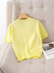 GIGOGOU Women's Fashion Embroidered Short Sleeve T-Shirt, Breathable Embroidered Knit T-Shirt - Yellow - View 4
