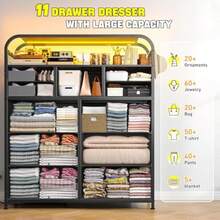 Black Dresser With LED Lights & Charging Station, Dresser For Bedroom With 2 Tier Shelves & 4 Hooks, 11 Drawers Entertainment Center, Closet, Living Room, Entryway, Sturdy Frame,Wooden Top, Black - 1 - View 5