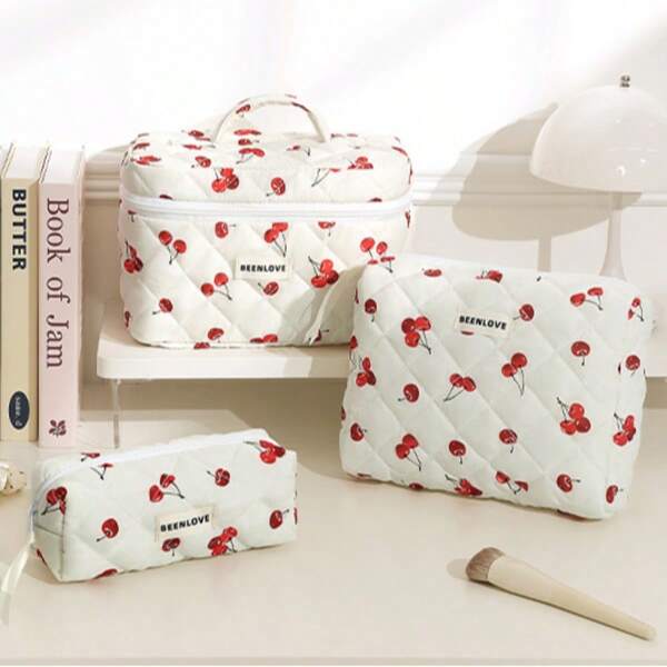 Borsetta trucco carina con stampa a fiocco e ciliegie, borsa cosmetica imbottita in tela stampata floreale di alta qualità con grande capacità, borsa portatile per vacanze, spiaggia, bagno, camera da letto, grande capacità