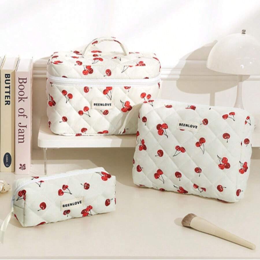 Borsetta trucco carina con stampa a fiocco e ciliegie, borsa cosmetica imbottita in tela stampata floreale di alta qualità con grande capacità, borsa portatile per vacanze, spiaggia, bagno, camera da letto, grande capacità