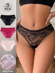3pcs Sexy Lace Panties Seamless Low Waist Panty Lingerie For Women Floral Pattern Mesh Briefs With Silky Tactile Touch Basics Thin Fabric Knickers Soft Stretch Sexy Panties
