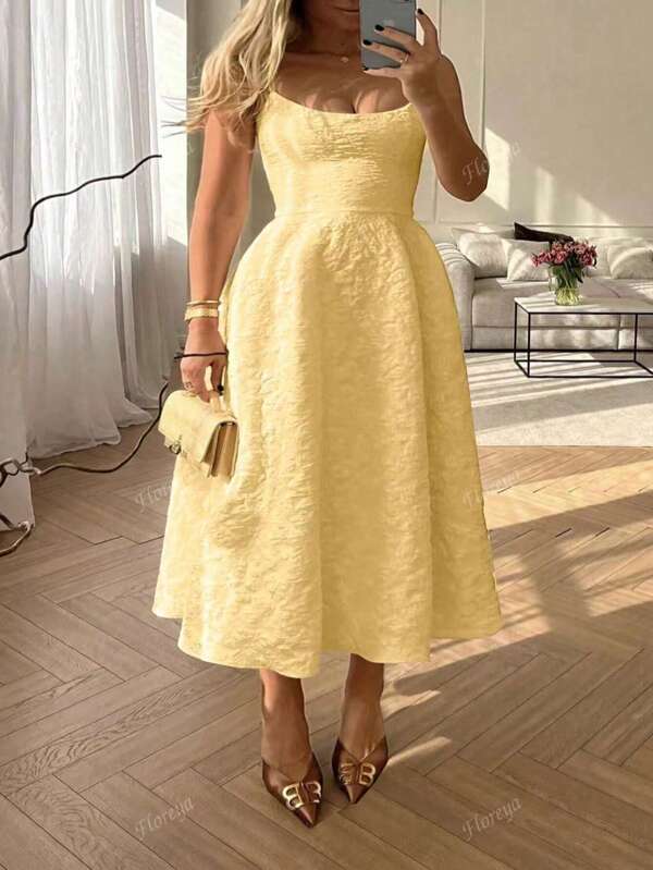 Floreya Große Größen elegantes einfarbiges Hochzeitskleid im französischen Stil, High-End-Sommerkleider, taillenformende Träger-Midi-Kleider, weißes Kleid