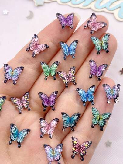 30PCS Mixed 10mm Resin Cute Colorful Mini Crystals Beautiful Cartoon Butterfly Flat Back Rhinestone DIY Art Scrapbook Jewelry Crafts Accessories Summer, School