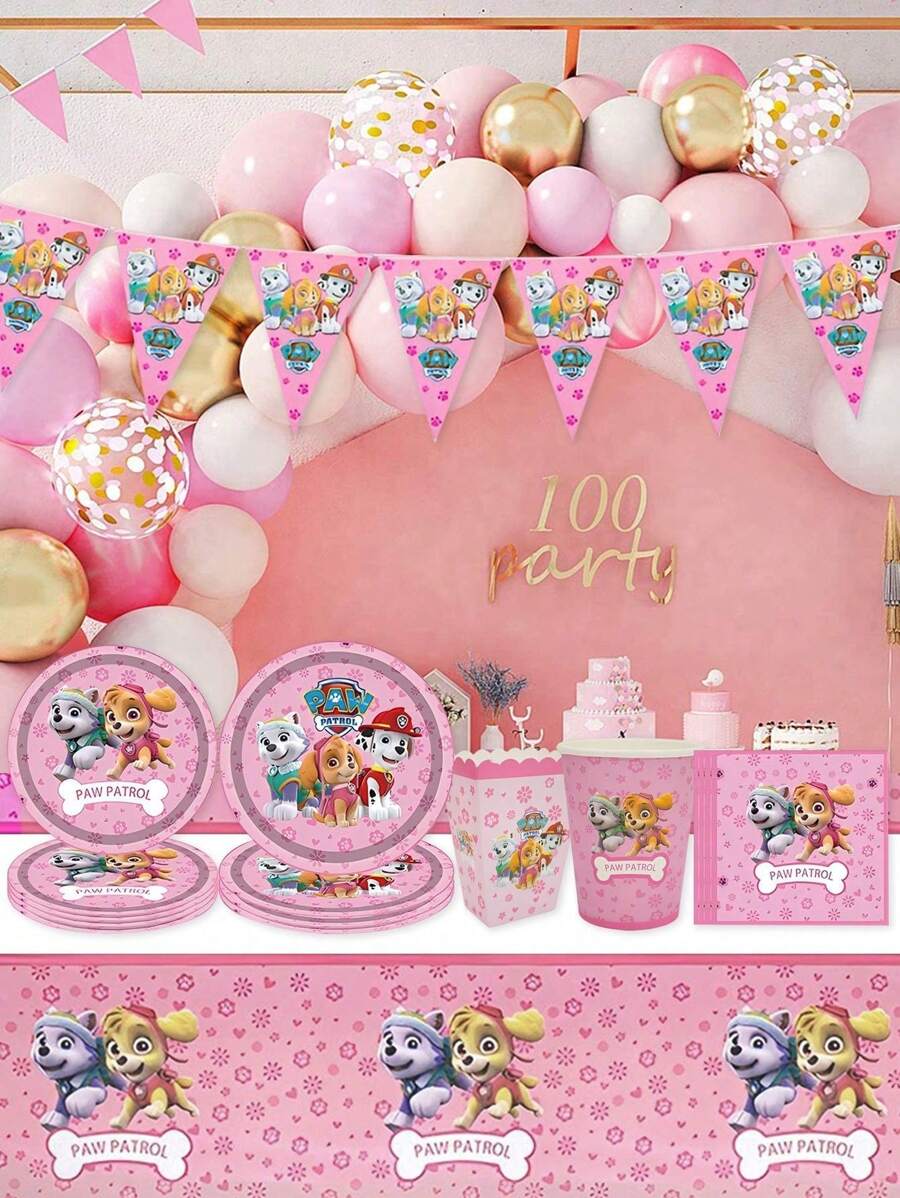 Paw Patrol Paw Patrol Serie rosa-farbenes tägliches Perlen-Thema Einweg-Geschirr für Partydekoration, Party-Event Foto-Dekoration Artikel, Geburtstags-Party und Feiertags-Party Einweg-Geschirr, geeignet für Familientreffen, Verwandten- und Freundetreffen, Gender-Enthüllungs-Party-Events, Halloween, Thanksgiving, Valentinstag, Weihnachten, Schulanfangszeit
