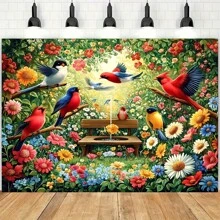 1 pieza de decoración de pared de escena vibrante del bosque de primavera, hecha de fibra de poliéster, sin necesidad de electricidad, con pájaros coloridos y flores en floración, perfecta para el ambiente familiar y de fiesta