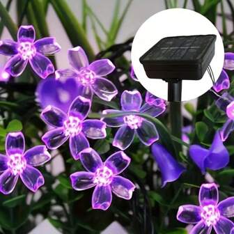 1pc 5M/16.4FT/20LEDS,7M/22.96FT/50LEDS LED Solar-Powered Purple Cherry Blossom String Light, Fairy Lantern String,Simulation Cherry Blossom Light String,For Garden Patio Porch Wedding Valentine's Day Halloween Party Festival Indoor/Outdoor/Garden Decoration Decoration,Led Solar Fairy LED Strip Lights