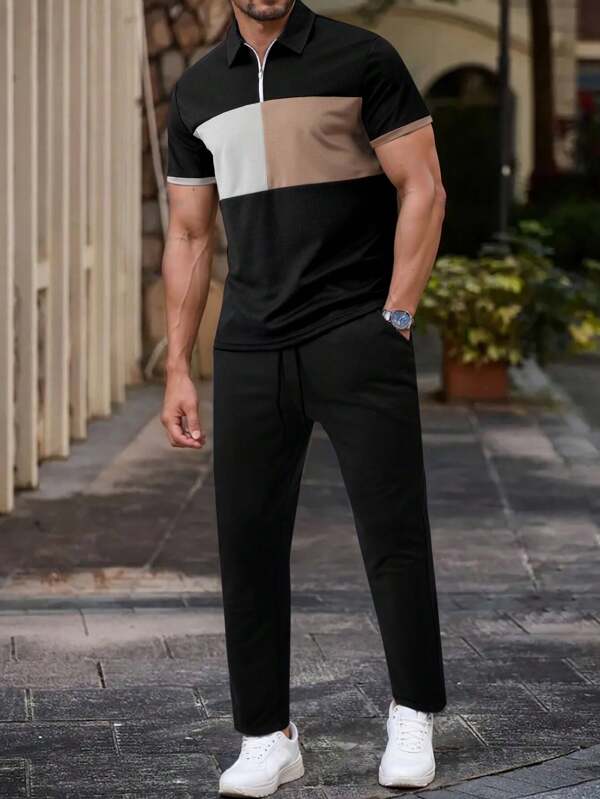 Men's Summer New Fashionable Casual Suit Color Blocked Short Sleeved Polo Shirt Long Pants Set