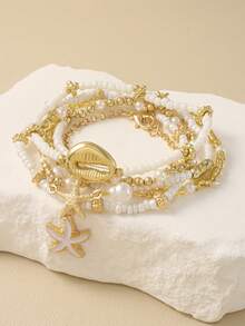 Set de 6 piezas de pulseras multicapa apiladas de perlas de estilo veraniego, set de pulseras con colgantes de estrella de mar y concha, joyería de playa/casual de moda para mujer, regalo (cantidad y orden de cuentas aleatorios) - Multicolor - Ver 4
