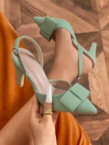 Fall/Winter Pale Green Pointed Toe High Heel Shoes With Backstrap, Spring/Summer Chunky Heel Women Sandals With Bowknot Buckle Strap,Elegant,Kitten Heels