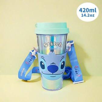 Miniso Disney Stitch Series 420mL/14oz Portable Plastic Cup, Cute Design With Cup Holder And Strap(1 PC)