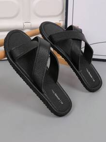 Men's Lightweight Sandals, Summer Fashionable Crossover Beach Shoes, Outdoor Casual Open Toe Slippers, Comfortable Black Lychee Texture