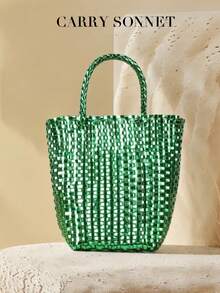 耀眼的金色编织手提包，闪耀奢华，晚宴和时装秀等高端场合搭配晚礼服的首选，教师礼物，节日必备品，旅行必备品 - 綠色 - 查看 2