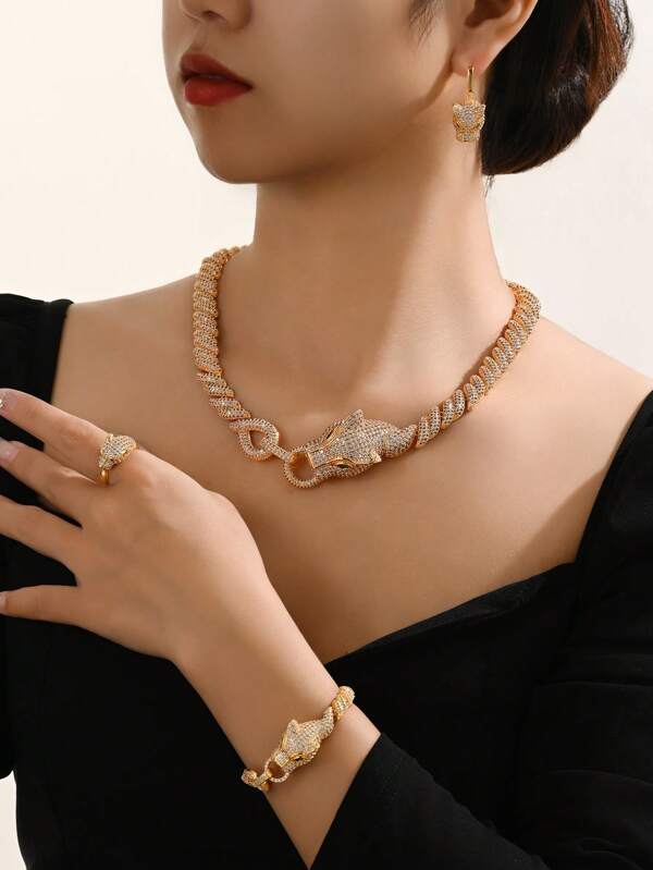 5pcs/Set Luxury Zirconia Leopard Jewelry Set. Gold Sparkling Necklace, Earrings, Bracelet, Ring. Suitable For Women's Daily, Formal, Wedding Occasions. Valentine's Day Gift For Girlfriend