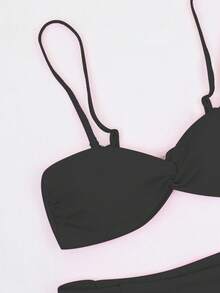 2 piezas Bikini bandeau sexy de unicolor, rosa, mini copa, vestido de verano para mujer, ropa de verano para mujer, festival, mini falda, conjunto Ibiza, traje de baño para mujer, conjunto de bikini, traje de baño para mujer - Negro - Ver 3