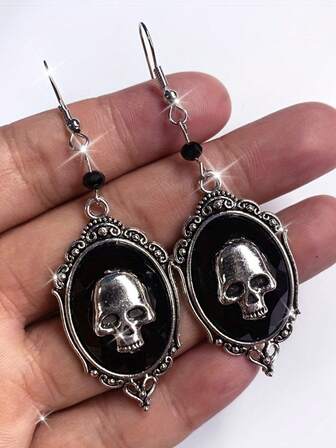 1 par vintage dangle örhängen gotisk stil svart präglad kristall cabochon örhängen, Halloween Witch Drop Skull Head örhängen, mode viktorianska smycken present för kvinnor tjejer