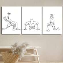 3 piezas Cuadros decorativos impresos en lienzo con marco de madera, frases de fitness en la pared, figuras de fitness de arte lineal, decoración de pared interior del hogar
