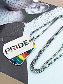 1pc Fashionable LGBT Rainbow Striped Geometric Charm Necklace, Rainbow Dogtag Necklace Double-Layer Colorful Titanium Steel Pendant, Gift For LGBT