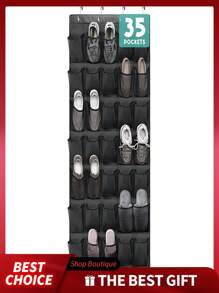 [1pc](Black) Over The Door Shoe Organizer 12/28/35 Mesh Pockets (145cm*32cm/57"*13", 180cm*48cm/71"*19", 170cm*67cm/67"*26") - 4.23/7.16/10.26oz Polyester Non-Woven Storage Bag For Sneakers,Heels,Sandals,Toys - Space Saving Hanging Closet Organizer With Reinforced Hooks,Modern Minimalist Design For Home