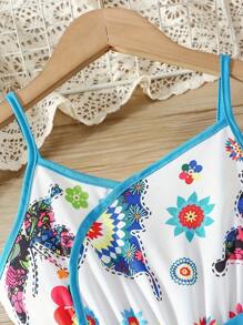 Tween Girl Irregular Hem Camisole Tie Waist Colorblock & Floral Print Dress