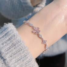 1pc Elegant Women's Bracelet, Fashion Minimalist Pink Crystal Bracelet, Suitable For Daily Wear, Jewelry Gift
