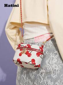 Mini sac bandoulière à chaîne, sac à main en patchwork imprimé, sac boîte mignon à motif cerise, petit sac seau adorable, sac polivalent d'épaule et de messager, convient pour le bureau, les déplacements, les rendez-vous, les courses, les vacances, la plage, les festivals de musique, les fêtes